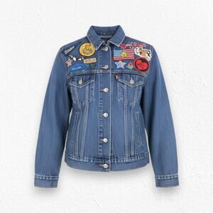 Levi’s Trucker Jean Jacket Patchwork Americana Graphic Statement Denim Size XS